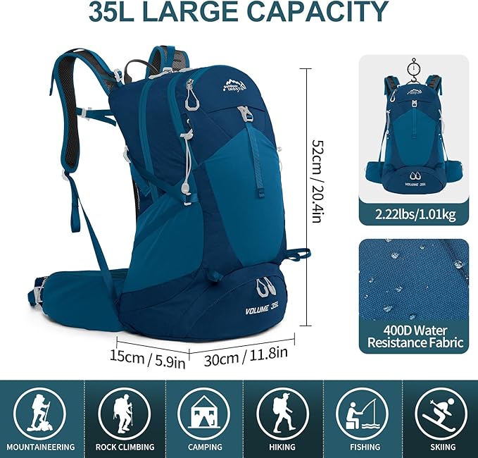 Hiking Backpack,35L Waterproof Hiking Daypack with 3L Water Bladder and Rain Cover, Lightweight Travel Camping Backpack for Men Women (Blue)