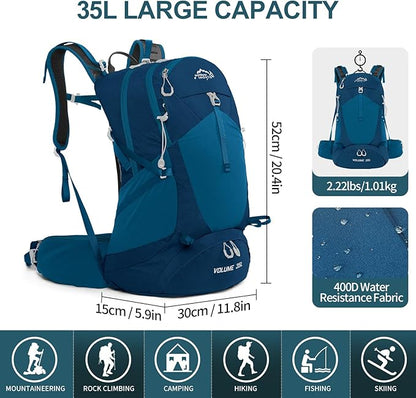 Hiking Backpack,35L Waterproof Hiking Daypack with 3L Water Bladder and Rain Cover, Lightweight Travel Camping Backpack for Men Women (Blue)