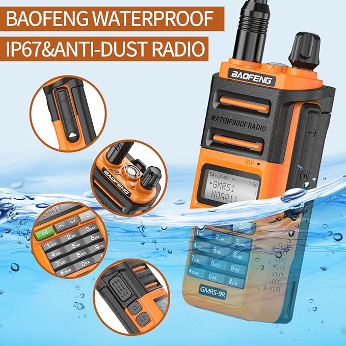 Baofeng GMRS-9R GMRS Radio Waterproof IP67 5W Rechargeable Two Way Radio for Adults,NOAA Scanning&Receiving,GMRS Repeater Capable with Extra Tactical Antenna,2800mAh Battery,Speaker Mic Orange