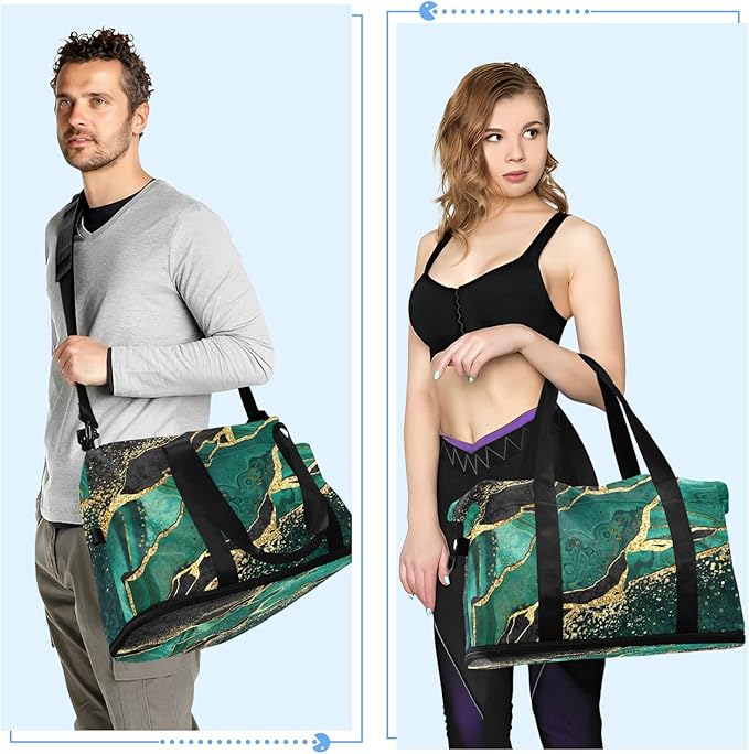 Marble Weekender Bag for Women, Malachite Green Marble Gym Bag Sports Duffle Bag Travel Tote Bag with Toiletry Bag Shoes Compartment Dry/Wet Separation Swim Bag