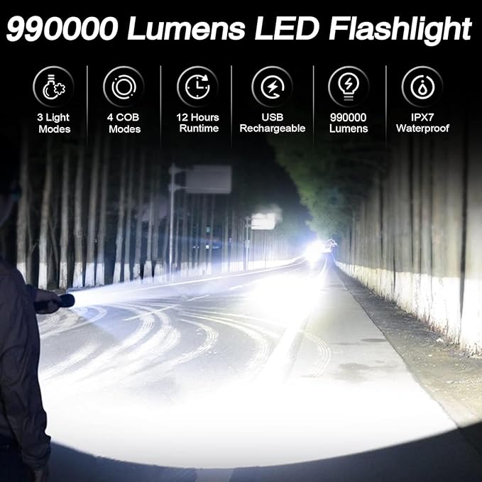 Rechargeable Flashlights High Lumens, Led Flashlight 990000 Lumens Bright Flash Light with 7 Modes, Flashlights for Camping, Home, IPX7 Waterproof (2 Pack)