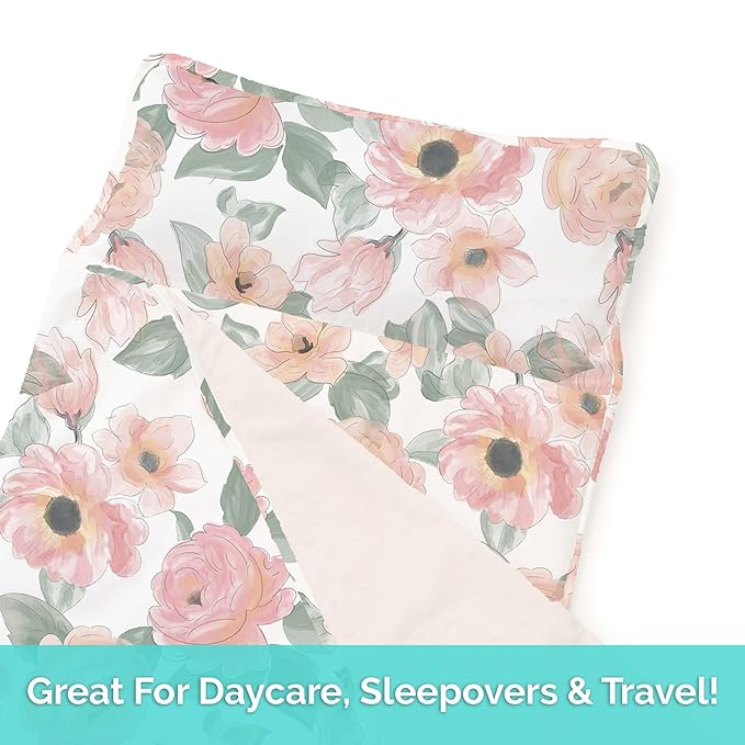 JumpOff Jo - Toddler Nap Mat - Sleeping Bag for Kids with Removable Pillow and Ultra Soft Blanket for Preschool, Daycare, and Sleepovers - Floral Watercolor