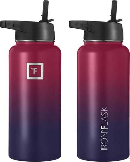 IRON °FLASK Camping & Hiking Hydration Flask, Wide Mouth, 3 Straw Lids, Stainless Steel Outdoor Water Bottle, Double Walled, Insulated Thermos, Metal Canteen - Dark Rainbow, 32 Oz