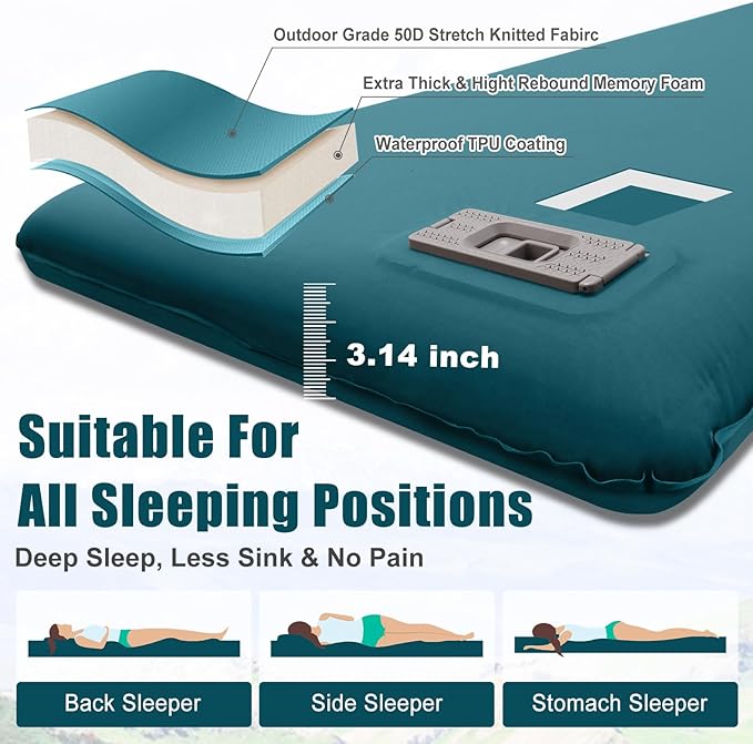 Self Inflating Sleeping Pad with Electric Pump,3.14"Thick Memory Foam Sleeping Mats for Camping,Easy Inflate&Deflate,9.5 R-Value Insulated Camping Mattress with Pillow for Car Travel Tent,Peacock-Blue