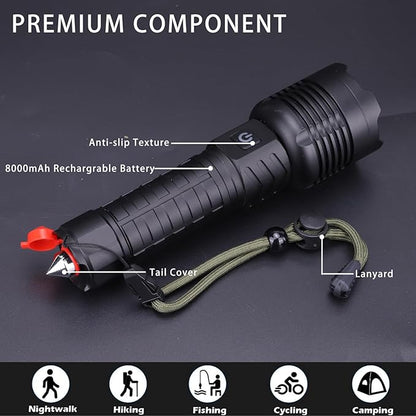 Rechargeable Led Flashlights 10000 Lumens Flashlight 6.7in Handheld Flashlights IP44 Waterproof Zoomable 5 Modes Waterproof Flash Lights for Emergency, Outdoor, Home, Camping, Hiking(Battery Free)