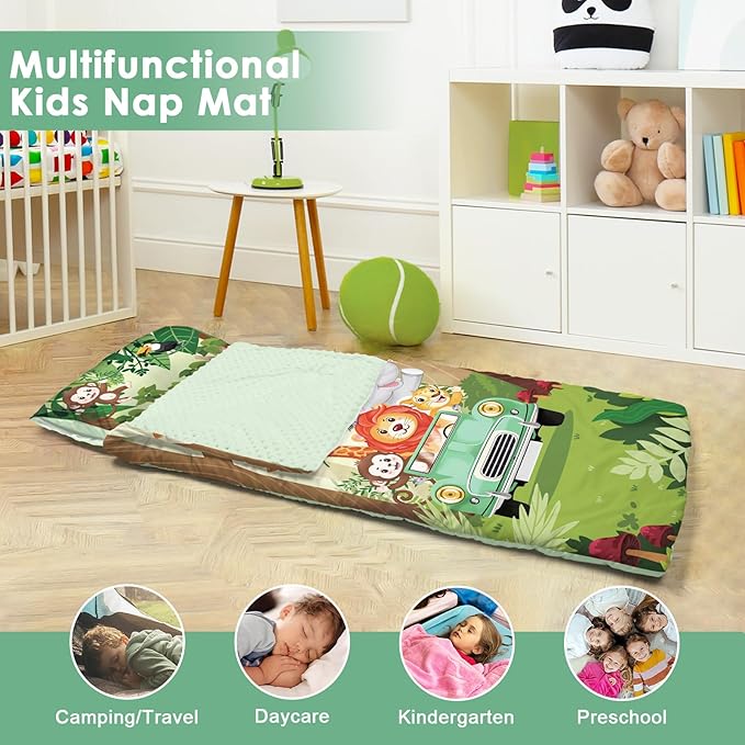 Kids Sleeping Bag Toddler Nap Mat with Removable Pillow, Large Foldable Sleeping Bag for Girls Boys, Easy Clean Slumber Bag with Double Zip for Camping School Preschool Daycare, 59×24 inch