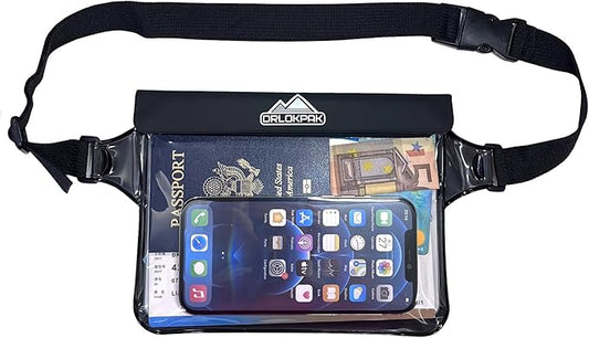 DRLOKPAK Waterproof Waist Bag Pouch Fanny Pack Bum Bag with Secret Holder Keeps Your Phone Kindle Wallet Watch & Valuables Dry - Perfect for Surf Canoe Swim Snorkel Dive Beach Pool(Black)