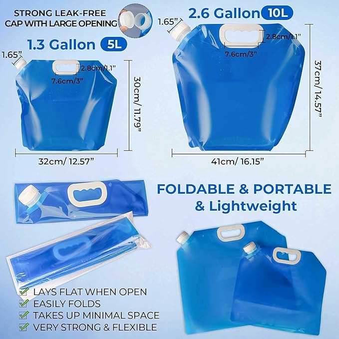 Hakkin Collapsible Water Tank Container 4 Pack 1.3 Gallon/5L, No-Leak Freezable Portable BPA Free Food Grade Plastic Storage Jug for Camping, Hiking, Travel, Emergency Survival Kit Bonus 2 Pcs Caps