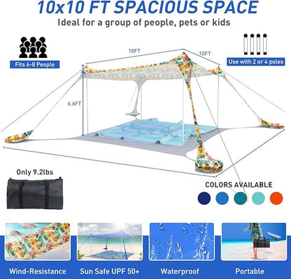 Beach Tent Pop Up Sun Shade Canopy Sun Shelter UPF50+ with 4 Stability Poles/Carry Bag/Ground Pegs/Sand Shovel/Windproof Ropes Portable Outdoor Family Sunshade for Beach Camping Fishing Picnic