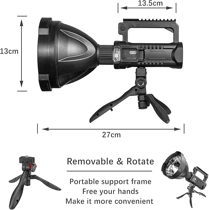 Rechargeable Spotlight Outdoor, 990000 Lumens Super Bright Led Spot lights Flashlight with 4 Modes & Foldable Tripod, 8000 ɱAh Large Handheld Searchlight Long Lasting for Camping Hunting Boating