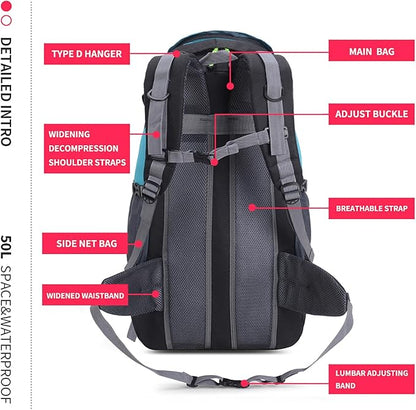 Bseash 50L Hiking Backpack, Water Resistant Lightweight Outdoor Sport Daypack Travel Bag for Camping Climbing Touring (Lake Green - No Shoe Compartment)