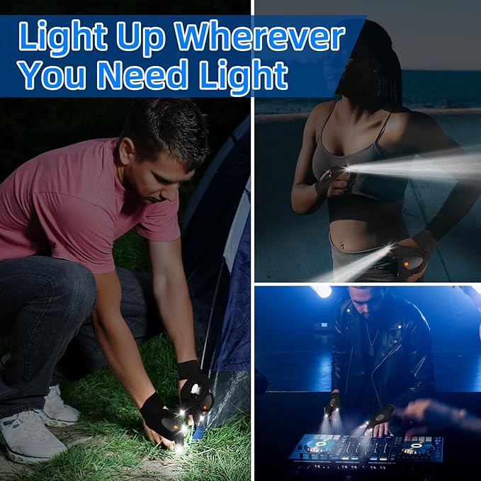 Rechargeable LED Flashlight Gloves, Gifts for Men Dad Him Boyfriend Birthday Christmas, Cool Gadgets Waterproof Hands-Free Light Gloves with Battery Indicator for Repairing Fishing Camping