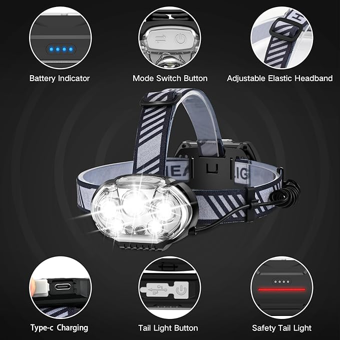 Rechargeable Headlamp, 20000 High Lumen 5 LED Head Lamp with Red White Light,IPX4 Waterproof Headlight,8 Mode Head Flashlight for Outdoor Running Hunting Fishing Hiking Camping Gear-2Pack