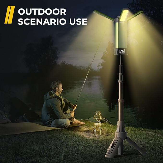 Rechargeable Camping Light with Stand, Outdoor LED Cordless Work Light, Portable Telescopic Bracket, 6AH Battery 500/1000/2000 Lumen, 3500K/4500K/6500K, Construction Lights