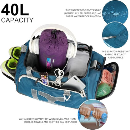 Sports Gym Bag，INOXTO Travel Duffel Bag with Dry Wet Pocket And Shoe CompartmentFor Women and Men，40L/55L Fitness Waterproof Weekender Bag For Swim Sports Travel Working Out (Blue gray, 40L)
