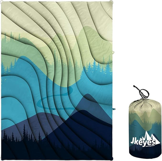 Yizheer Green Mountain Printed Camping Blanket,Lightweight Down Alternative Puffy Camping Blanket Packable Outdoor Blanket for Camping,Traveling, Stad，1-Person, 76" x 54"