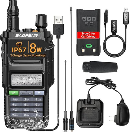 BAOFENG Radio UV-9R Pro Ham Radio Handheld Waterproof IP67 Two-Way Radio,with Type-C Charger Rechargeable Long Range Walkie Talkie for Adult with Programming Cable and Type-C Charging Cable
