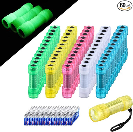 KunHe 60 Pack Glow in Dark Flashlights Fluorescent Small Mini LED Flashlight COB Flashlights for Kids Bulk flashlights Batteries Included Best Gift for Kids Night Party Favors in 5 Colors