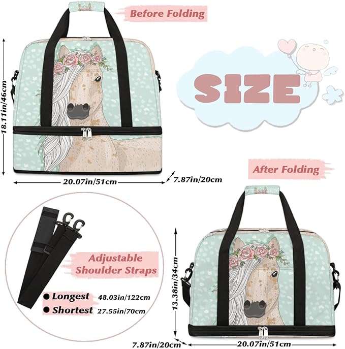 Flower Horse Foldable Travel Duffel Bag, Expandable Sports Gym Bag with Shoes Compartment Weekender Overnight Totes Bags for Women Men