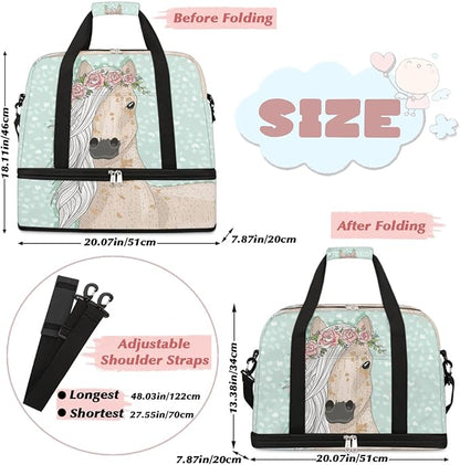 Flower Horse Foldable Travel Duffel Bag, Expandable Sports Gym Bag with Shoes Compartment Weekender Overnight Totes Bags for Women Men