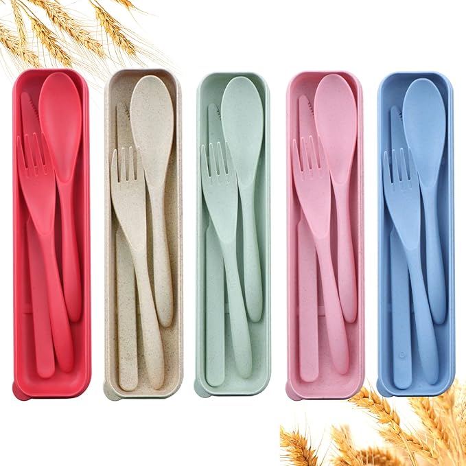 Reusable Travel Utensils Set with Case, 5 Sets Wheat Straw Portable Knife Fork Spoons Tableware, Eco-Friendly BPA Free Plastic Cutlery Travel Picnic Camping Utensils for Kids Adults Daily Use