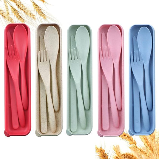 Reusable Travel Utensils Set with Case, 5 Sets Wheat Straw Portable Knife Fork Spoons Tableware, Eco-Friendly BPA Free Plastic Cutlery Travel Picnic Camping Utensils for Kids Adults Daily Use