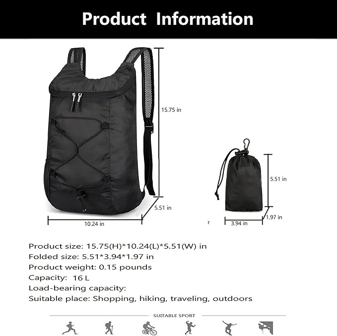 16L Hiking-Daypack Lightweight-Foldable Travel-Backpack Water-Resistant Camping Outdoor Packable Easy Carry-on Bag (Black)