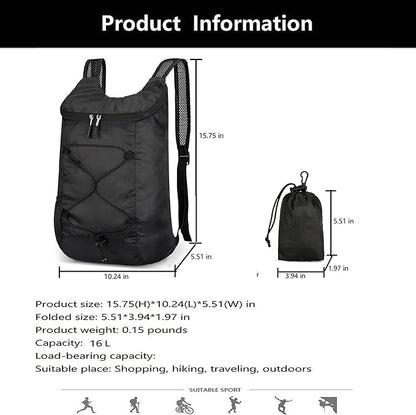16L Hiking-Daypack Lightweight-Foldable Travel-Backpack Water-Resistant Camping Outdoor Packable Easy Carry-on Bag (Black)