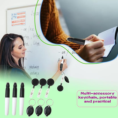 24 Pcs Mini LED Keychain Flashlights Permanent Marking Pens Badge Reel Mini LED Keychain Black Keychain Marker Pen