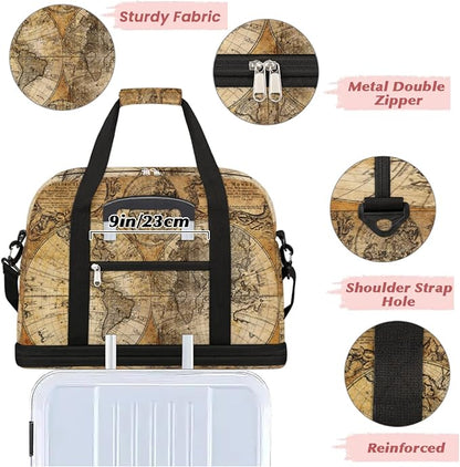 World Map Foldable Travel Duffel Bag, Expandable Sports Gym Bag with Shoes Compartment Weekender Overnight Totes Bags for Women Men