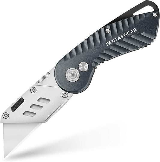 FantastiCAR Folding Utility Knife, Quick Blade Change Box Cutter, Anti-slip Metal Body, with Safety Lock and 5 Extra Blades (Grey)