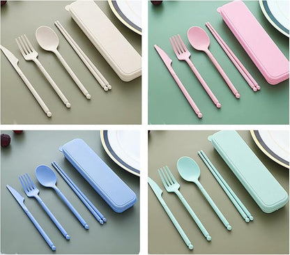 Camping Utensil Set, Reusable Utensils Set with Case, Plastic Cutlery Set Forks Spoon Tableware Chopsticks, Portable Cutlery Set for Travel Picnic Camping or Daily Use