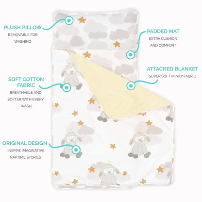JumpOff Jo - Toddler Nap Mat - Sleeping Bag for Kids with Removable Pillow and Ultra Soft Blanket for Preschool, Daycare, and Sleepovers - Little Lamb