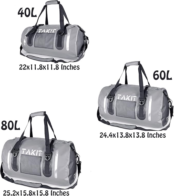 Waterproof Duffle Bag Travel Dry Bag 500D PVC for Motorcycle Tail Kayaking Rafting Boating Swimming Camping Hiking Beach Fishing (Grey, 60L)