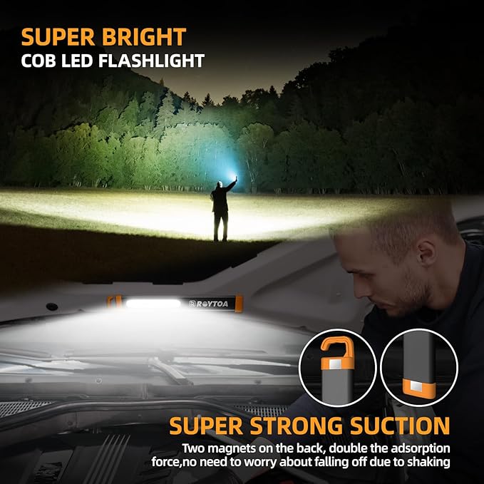 Rechargeable LED Flashlights High Lumens, COB LED Magnetic Work Light with Hook Super Bright Handheld Flashlight for Emergency, Camping, Hiking