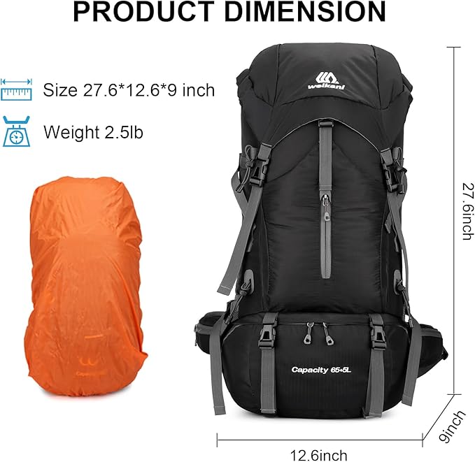 ShowyLive 70L Backpack - Waterproof Hiking Backpack for Men and Women - Lightweight Camping and Backpacking Backpack with Rain Cover and Comfort Design, Black