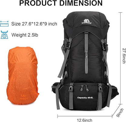 ShowyLive 70L Backpack - Waterproof Hiking Backpack for Men and Women - Lightweight Camping and Backpacking Backpack with Rain Cover and Comfort Design, Black
