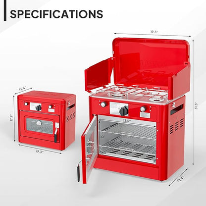 ROVSUN 2-in-1 Portable Camping Stove & Propane Oven with Piezo Igniter, 2 Burner Stove & Outdoor Oven with Adjustable Fire, Thermometer, Wind Panel & Regulator for Traveling, Tailgating (Red)