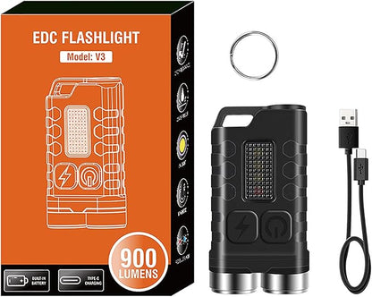 Mini Flashlight Keychain EDC Flashlight Rechargeable Magnet LED Bright 900LM Red UV Blue Light,IP65 Waterproof and 12 Light Modes Pocket Flashlight for Adventure Camping Black