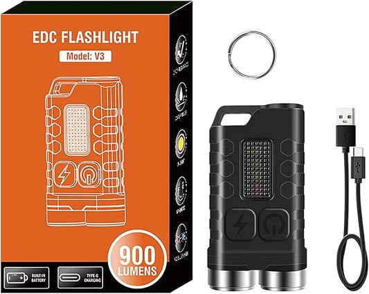 Mini Flashlight Keychain EDC Flashlight Rechargeable Magnet LED Bright 900LM Red UV Blue Light,IP65 Waterproof and 12 Light Modes Pocket Flashlight for Adventure Camping Black