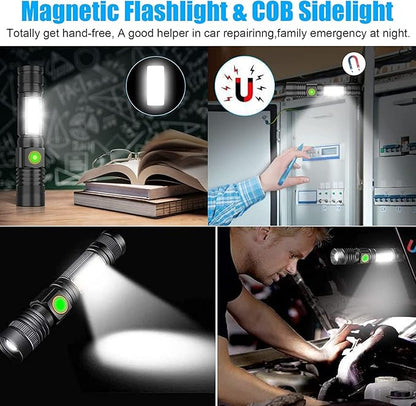 USB Rechargeable Flashlight, Magnetic LED Flashlight, 2000 Lumen Super Bright LED Tactical Flashlight with Cob Worklight,Waterproof,Zoomable Best Small LED Flashlight for Camping, Emergency Flashlight