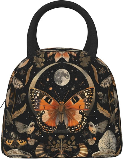 Orange Butterfly Moon Lunch Bag Lunch Box for Women Men Boys Girls, Reusable Insulated Lunch Tote Bag, Leakproof Thermal Cooler Sack Food Handbags High Capacity for Work School Picnic Camping Gifts