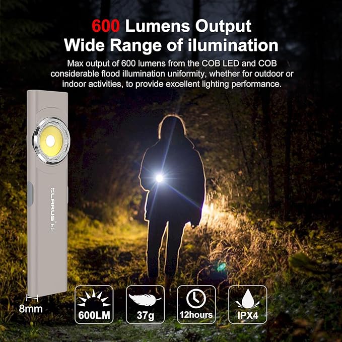 klarus E5 Pocket Flashlight, Rechargeable EDC Flashlight, Super Slim Flat 4.2x1x0.3inch, 470 Lumens, USB-C Port, IPX4, Dual Light Source with Magnetic Base, Hat & Clothes Clip - Grey