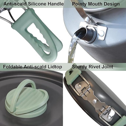 Camping Cookware Set with Silicone Handle, Camping Cooking Set for 2-3 Person,Camp Cooking Set with 1.5L Pot,Camping Pot Pan Set with Kettle and Folding Tableware for Camping Hiking Picnic