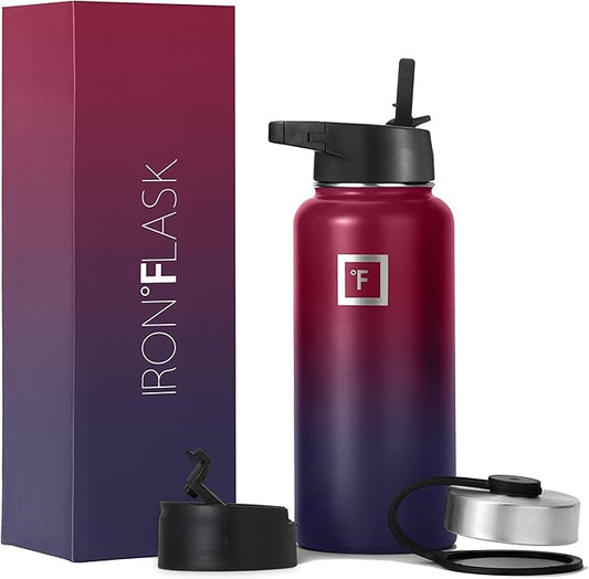 IRON °FLASK Camping & Hiking Hydration Flask, Wide Mouth, 3 Straw Lids, Stainless Steel Outdoor Water Bottle, Double Walled, Insulated Thermos, Metal Canteen - Dark Rainbow, 32 Oz
