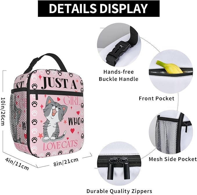Cute Cat Pink Lunch Bag Large Capacity Heat Insulated Lunch Box, Just A Girl Who Loves Cats Leakproof Durable Portable Reusable Handbags Thermal Cooler Tote Bag for School
