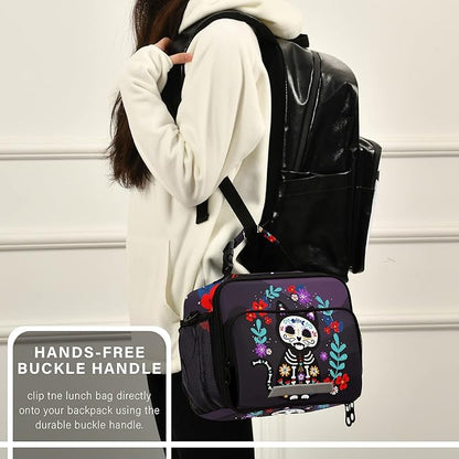 Cat Sugar Skull Lunch Bag Insulated Lunch Box Cooler Cooling Tote Food Container for Adults Men Women