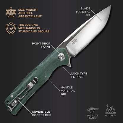 Firebird GANZO FH91-GB Ball Bearing Pocket Folding Knife D2 Steel Blade Ergonomic G10 Anti-Slip Handle with Clip Camping Fishing Hunting Outdoor Flipper EDC Pocket Knife (Green)