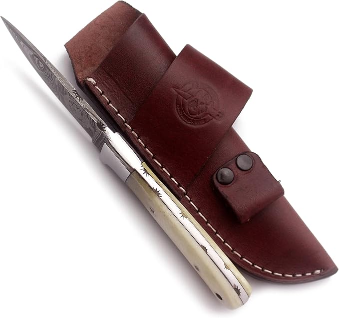 Handmade Damascus Steel Knife for Hunting,Survival,Camping,Bushcraft,and Fishing-Fixed Blade Dagger with Drop Point Full Tang-Micarta Handle with Cowhide Leather Sheath DCX 22 -250