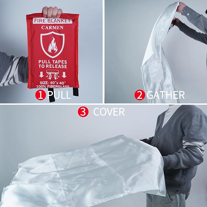 Carmen Emergency Fire Blanket for Home and Kitchen Flame Suppression Fiberglass Fire Blankets for House Camping Car Office Warehouse Emergency Survival Safety (2-Pack)